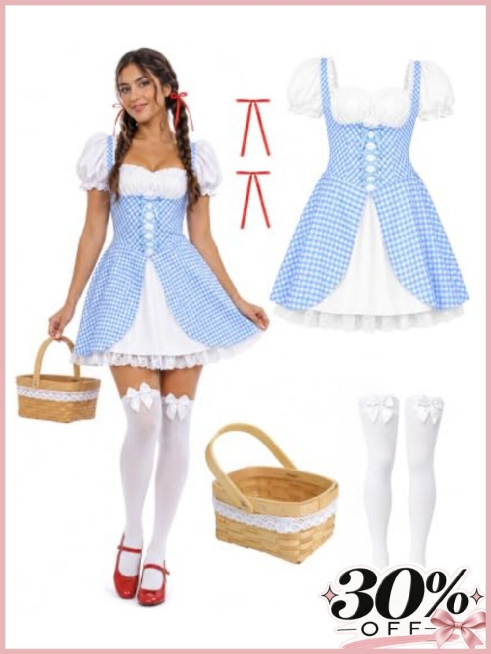 Women's 4Pc Blue Gingham Costume Set with Basket Hair Bows & Socks